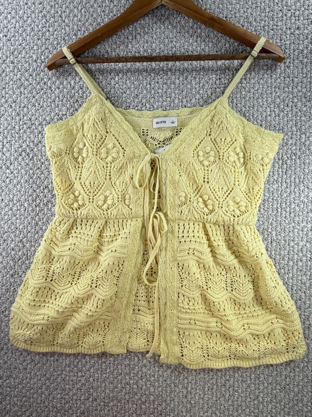 Hollister Yellow Crochet Tie-Front Cami 100% Cotton Y2K Cottagecore Crochet SZ L
